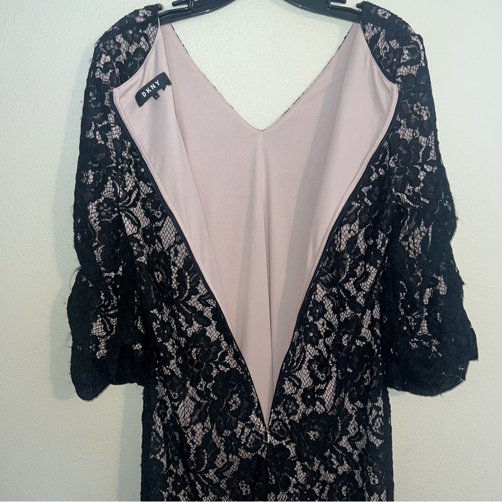 DKNY Floral Lace Midi Dress Womens 10 Black V-Neck Tiered Sleeve Sheath - Picture 6 of 7